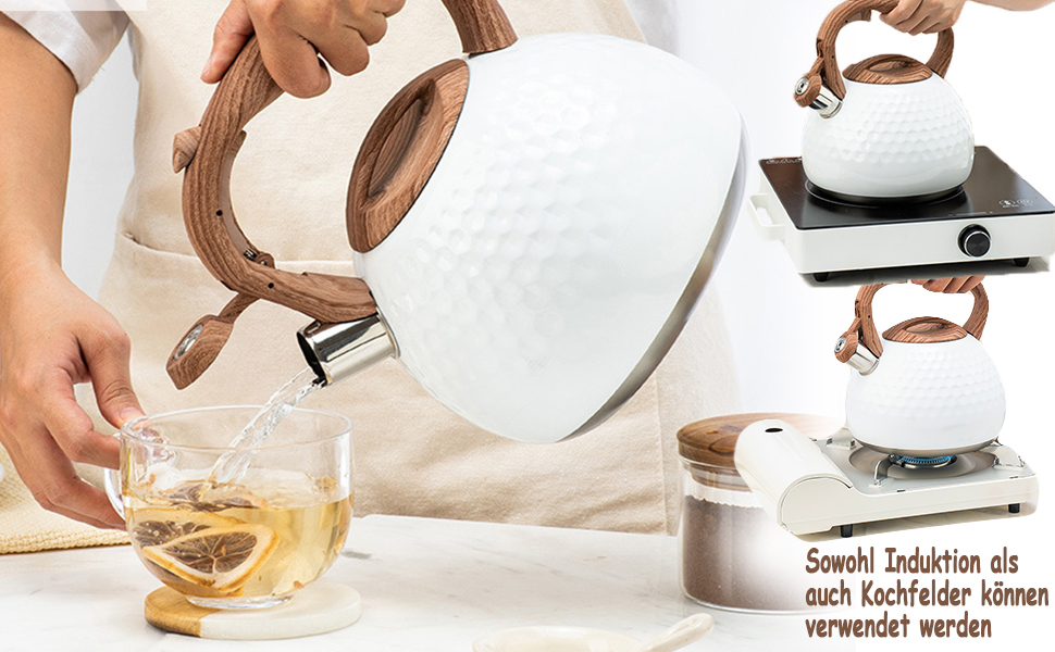 Чайник індукційний 3L з нержавіючої сталі з свистком, для плити, з дерев'яною ручкою, Off White