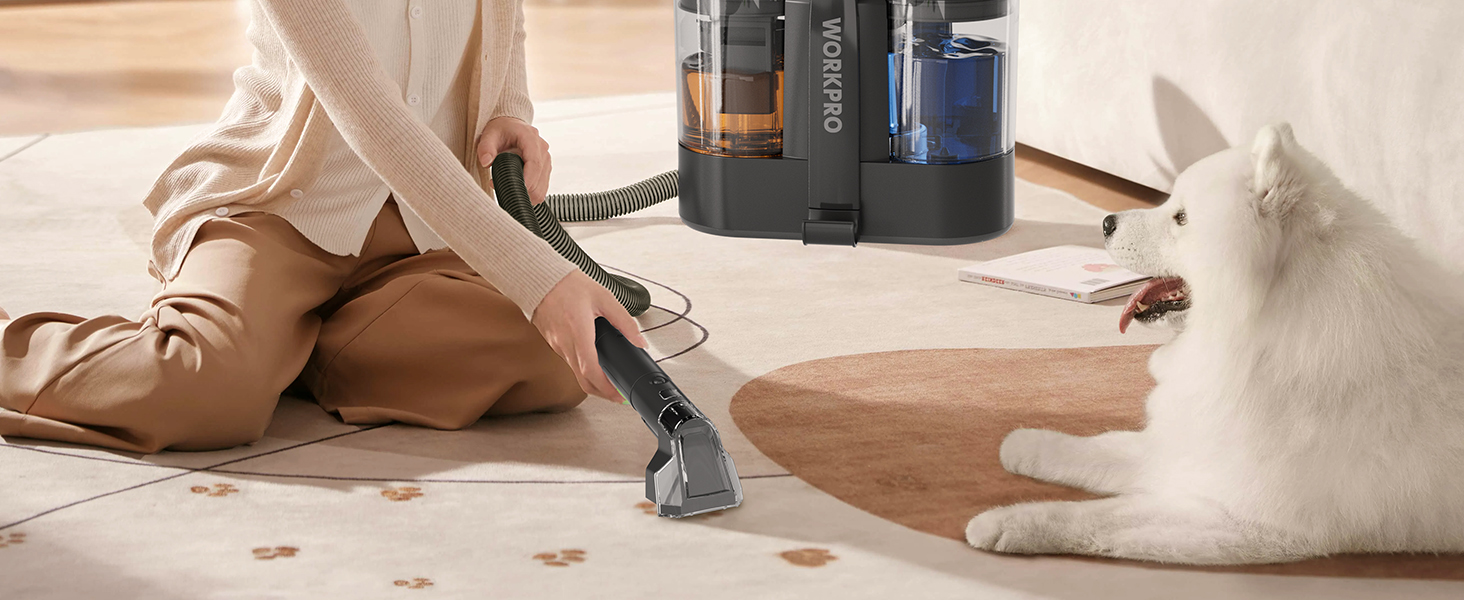 WORKPRO Мийний пилосос 450W 13kPa, 1.6L з миючим засобом та 2 насадками, для чищення килимів, меблів та авто