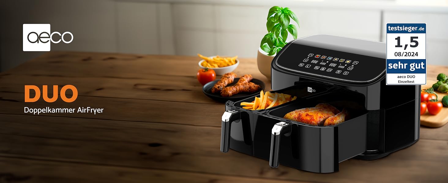 AECO DUO Double Chamber Air Fryer 9 Liter (3L & 6L, Sync Function, Hot Air Fryer with Digital Touch Display & Dehydration Function, 2850 Watt, 80°-200° adjustable, 6 programs, incl. recipe booklet) 9 Liter Duo (Double Chamber)