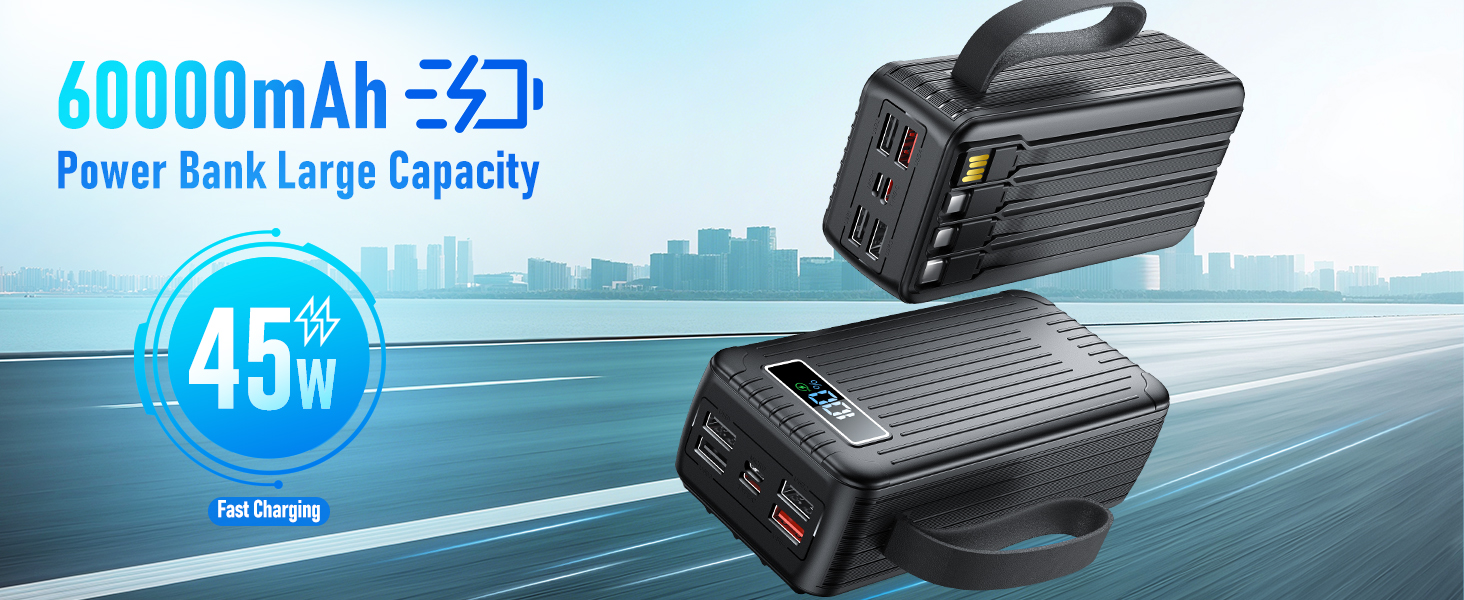 Power Bank 60000mAh з кабелем, 40W, PD, USB-C, LED-дисплей, 7 виходів та 2 входи, сумісний з iPhone, iPad, планшетами, чорний