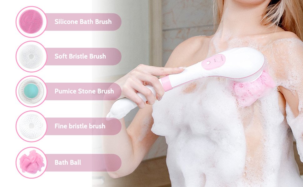 Electric Body & Face Cleansing Brush with 5 Brush Heads - USB Rechargeable Waterproof Exfoliating Body Brush with Long Handle for Deep Cleaning & Relaxation