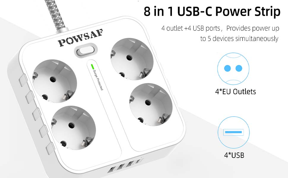 Розподільник розеток POWSAF з 4 розетками та 4 USB-портами для зарядки, для кріплення на стіну, для дому та офісу, білий