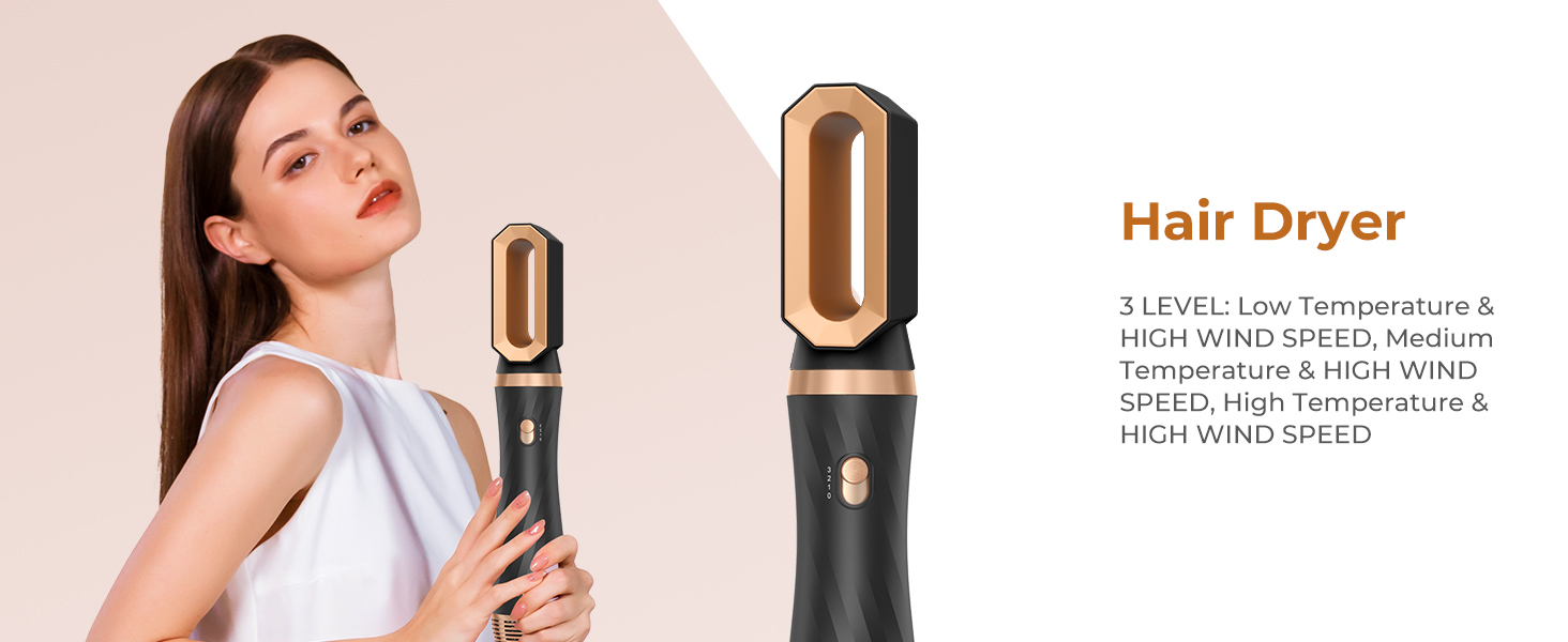 Набір для укладки волосся OKWRAP Airstyler 6 в 1: фен-щітка, автоматична завивка, об'ємні насадки, чорний/золотий