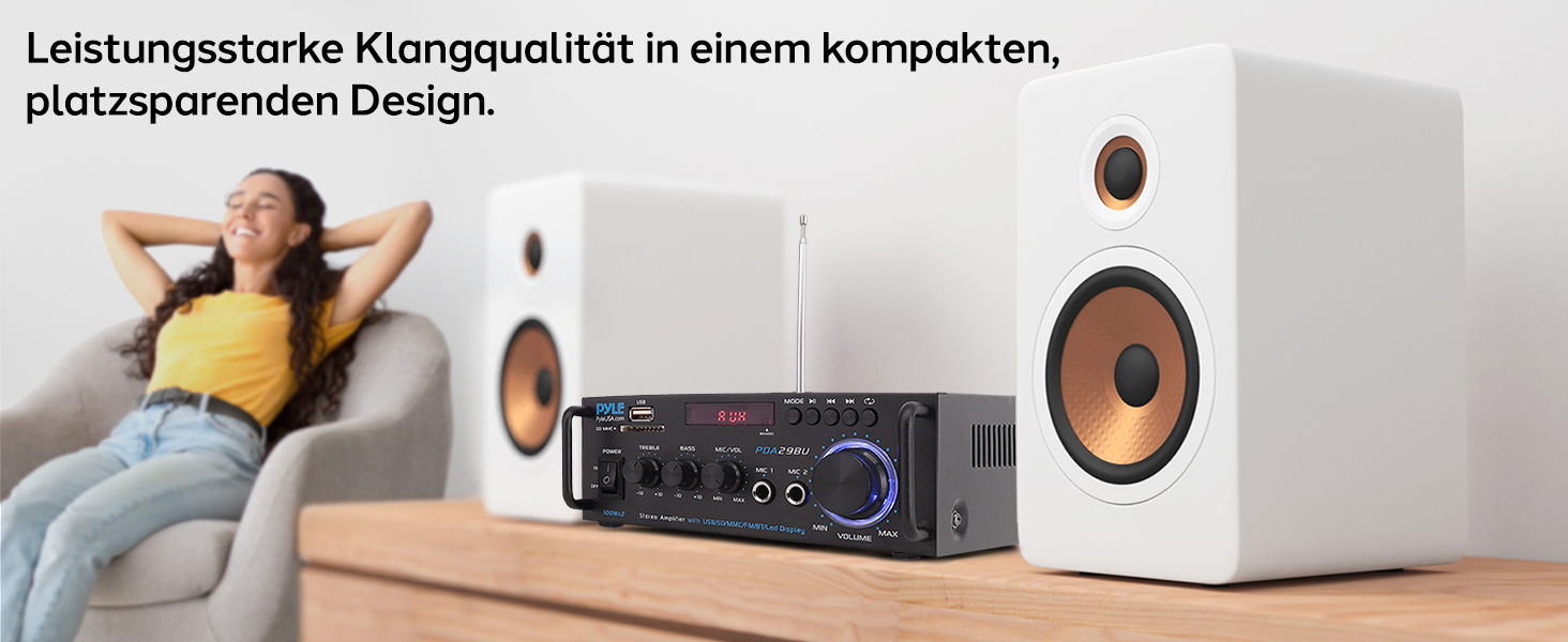 Pyle підсилювач 200Вт, стерео Bluetooth, 2-канальний, RCA, USB, SD, MIC, FM-радіо, регулювання басу та високих, для дому, авто, студії, домашнього кінотеатру