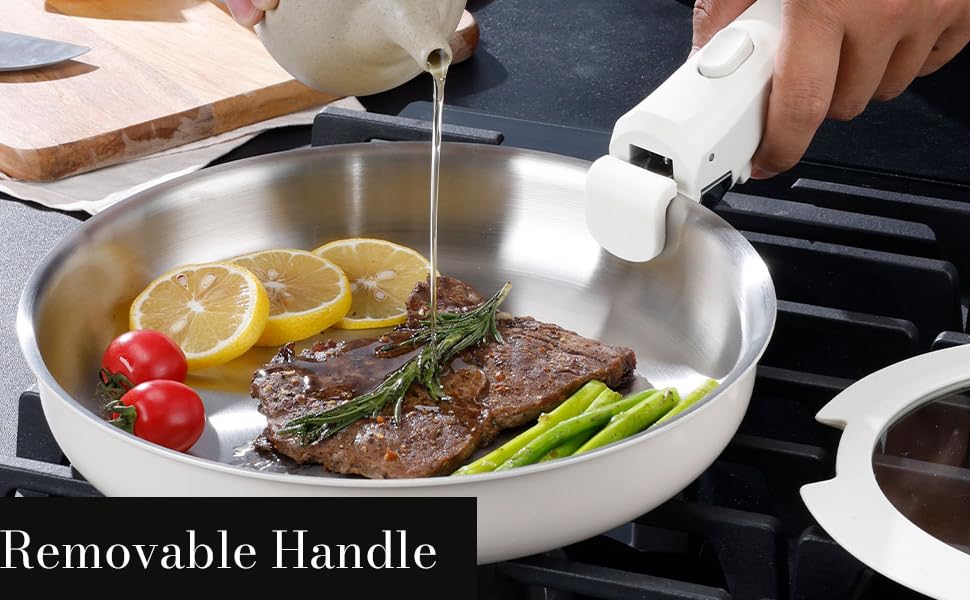 Набір посуду з нержавіючої сталі 14 предметів: сковорода 24 см, каструлі 18/20 см, знімні ручки, керамічне покриття, підходить для всіх плит, білий