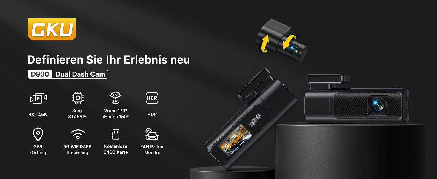 Відеореєстратор GKU 4K+2.5K з Wi-Fi 5GHz, GPS, Нічне Бачення STARVIS, IPS-дисплеєм 1.5', 24h парковка, 360° обертання, 64GB SD-карта, чорний