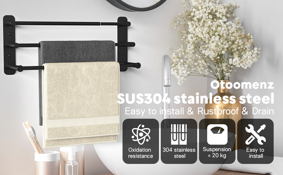 Тримач для рушників Lannvan без свердління, висувний 37-70см, нержавіюча сталь, для ванної кімнати/кухні, 2 способи встановлення, чорний