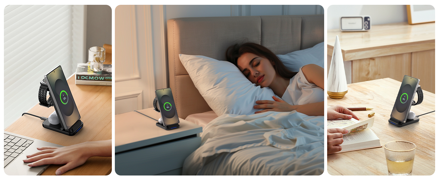Бездротова зарядка 3-в-1 для Samsung: станція з подвійною котушкою, захистом від перевантаження та портативним дизайном для смартфонів, смарт-годинників та навушників