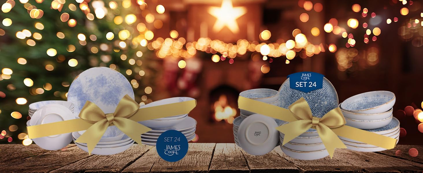 Набір посуду James Cooke Azure Vintage Steinzeug для 6 осіб (24 елементи) - біло-блакитний, з рельєфом, для миття в посудомийній машині, духовці та мікрохвильовій печі