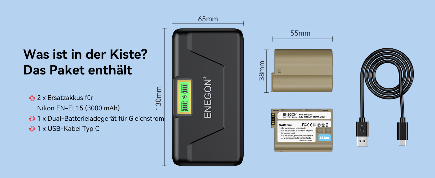 Комплект ENEGON: 2 акумулятори EN-EL15/EL15C (3000mAh) та швидкий зарядний пристрій 20W для Nikon Z5, Z6, Z7, Z8, Z6iii, ZF, D7000, D7100, D7200, D7500, D600, D610, D800, D810, D850