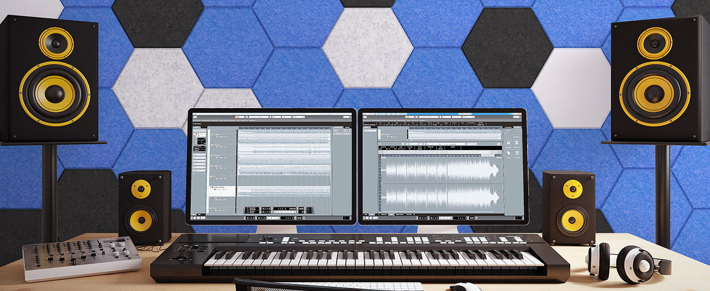 Акустичні гексагональні панелі TONOR самоклеючі, шумопоглинаючі плитки для стін 30x26x1 см, чорні (18 шт) для студії, офісу та геймерської зони