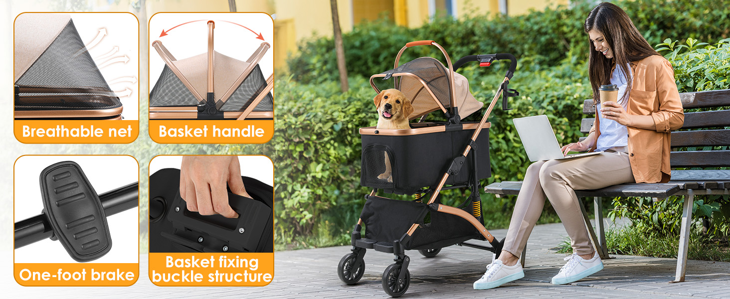 Візок для собак MAMIZO 3 в 1: візок, переноска, сумка. До 20 кг, 360° обертання, з відкидним кошиком та тримачем для напоїв. Підходить для собак та котів.