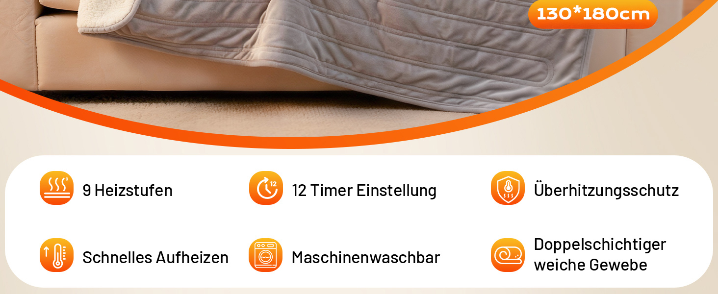 Електрична ковдра з автовимкненням 130x180 см, 8 режимів нагріву, захист від перегріву, двостороння, для ліжка/софи, сіра