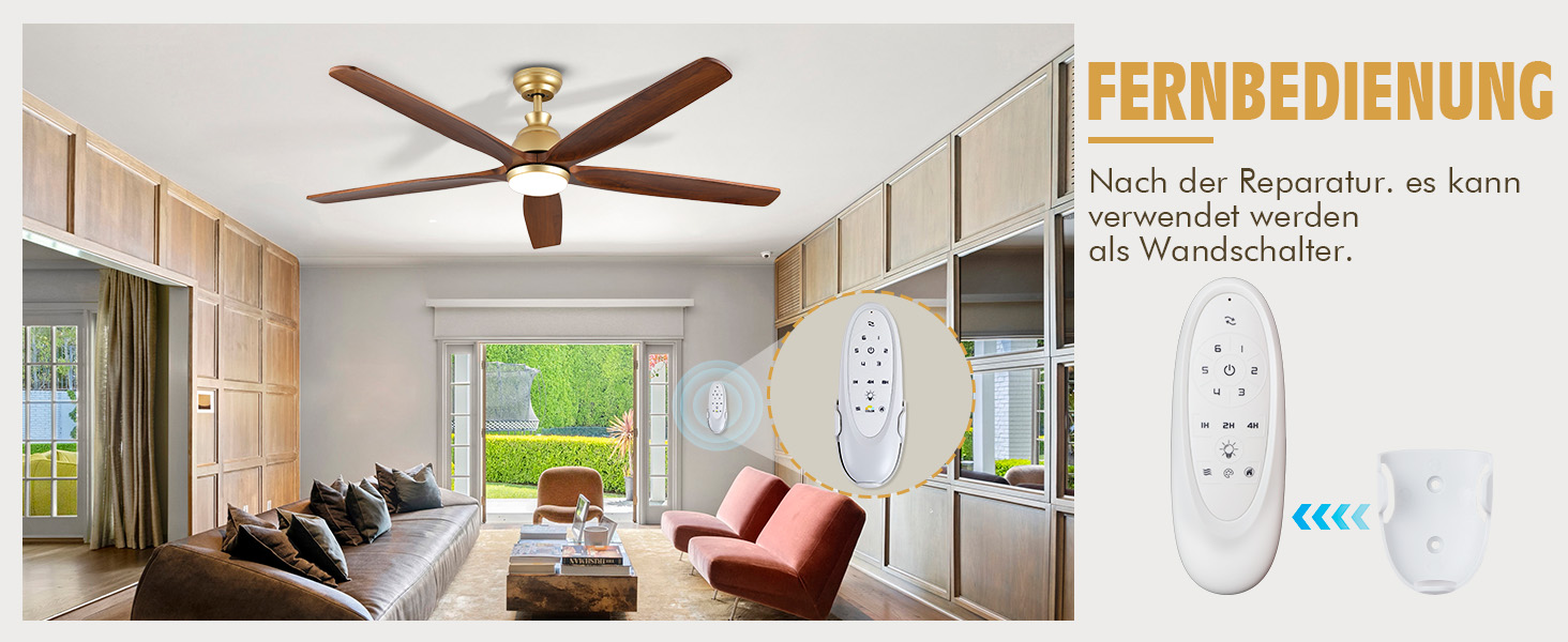 Дзеркальний вентилятор для стелі з дерева, без освітлення, з пультом керування, тихий, для вологого приміщення, 132 см (52 дюйми), коричневий, 5 лопатей