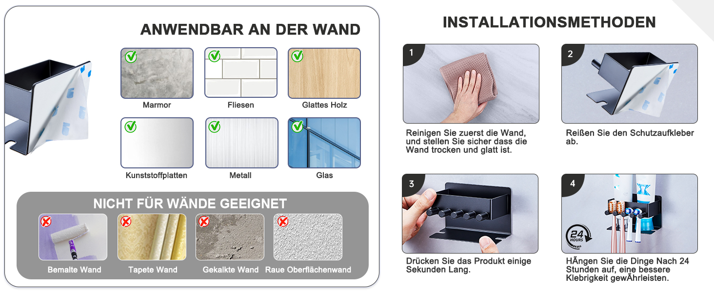 Настінний тримач для зубних щіток GGQ, для електричних та звичайних щіток, без свердління, самоклеючий, з органайзером для пасти, чорний