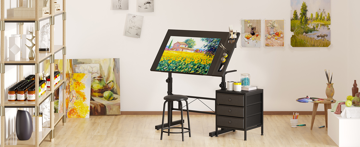 Adjustable Drafting Table with Tilt & Height - Drawing & Computer Desk with Stool & Storage - Wood Finish (Black + Storage Cabinet)