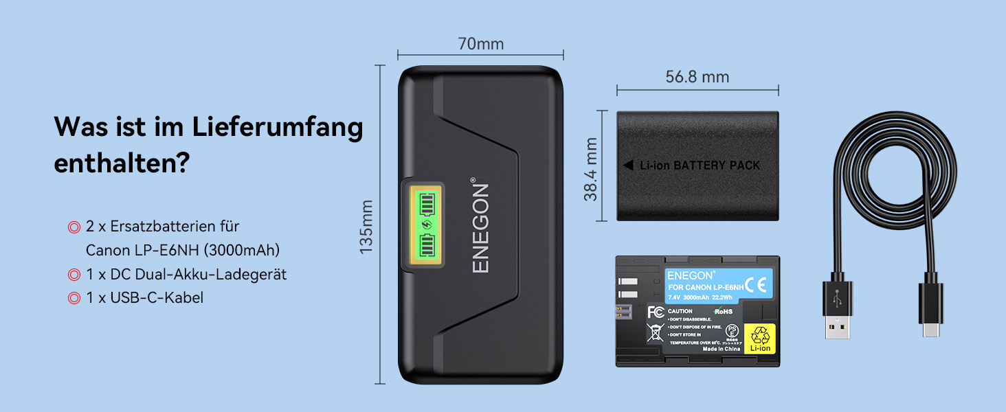 Зарядний пристрій ENEGON LP-E6NH 20W Dual-Akku з LCD-дисплеєм (2x 3000mAh) для Canon EOS 5D, 6D, 7D, 60D, 70D, 80D, 90D, XC10, XC15, R, R5, R6, R7