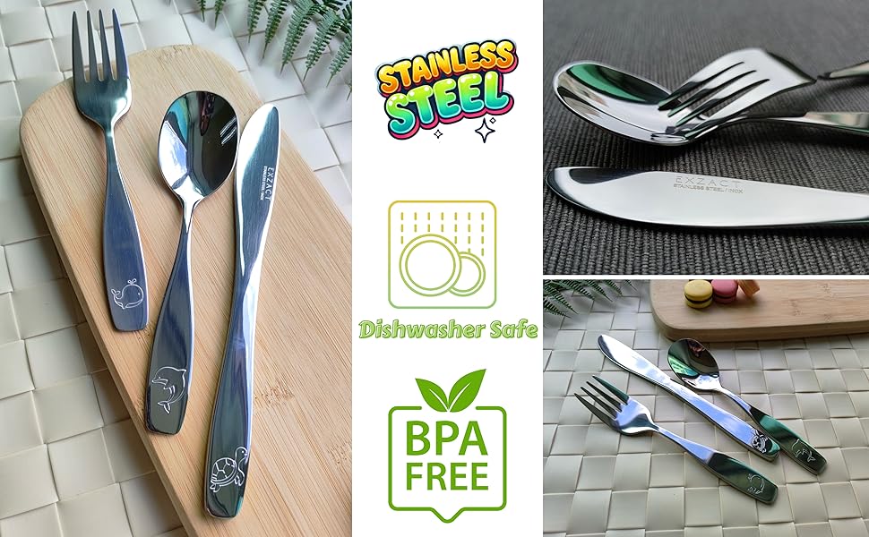 Набір дитячого столового приладдя EXZACT Kinderbesteck Set (18 предметів) з нержавіючої сталі для дітей від 2 років. Можлива гравіювання, безпечні ножі, підходить для миття в посудомийній машині.