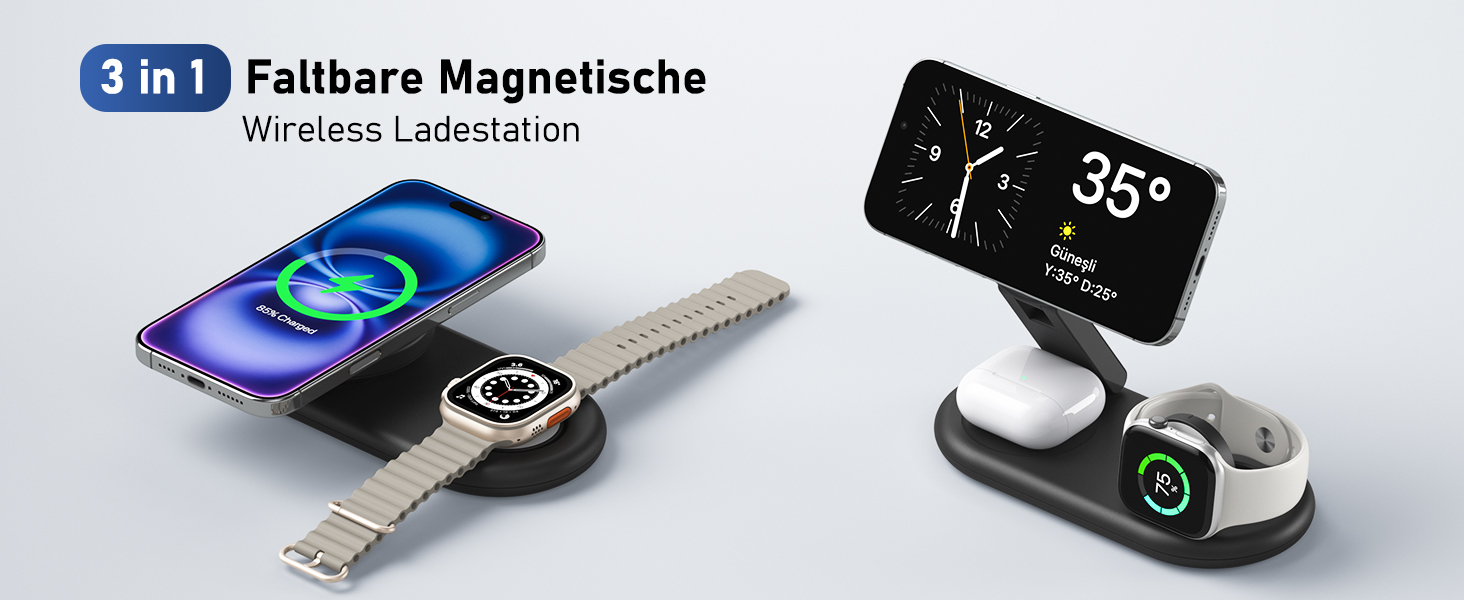 Портативна зарядная станція 3-в-1 для Apple Watch та iPhone з MagSafe, сумісна з iPhone 17, 16, 15, 14, 13, 12, AirPods Pro (біла)