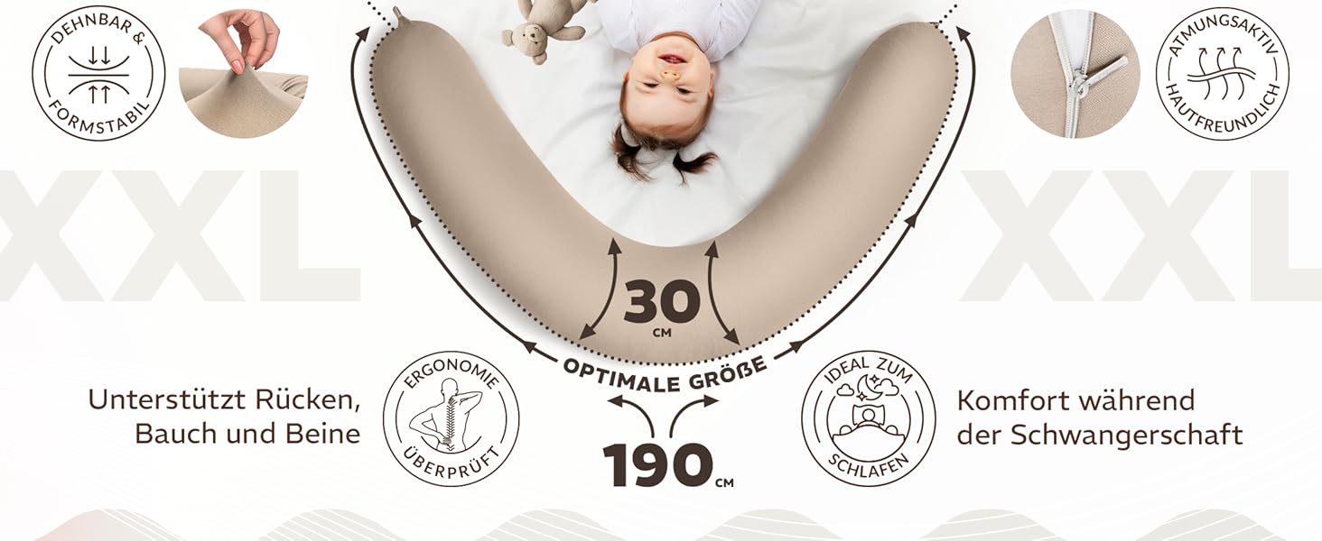 Подушка для вагітних та годування Sei Design XXL з муслінової обтяжки, ергономічна, для сну на боці, комфортна, 190x30 см, 100% органічна бавовна (джерсі сіро-сріблястий)