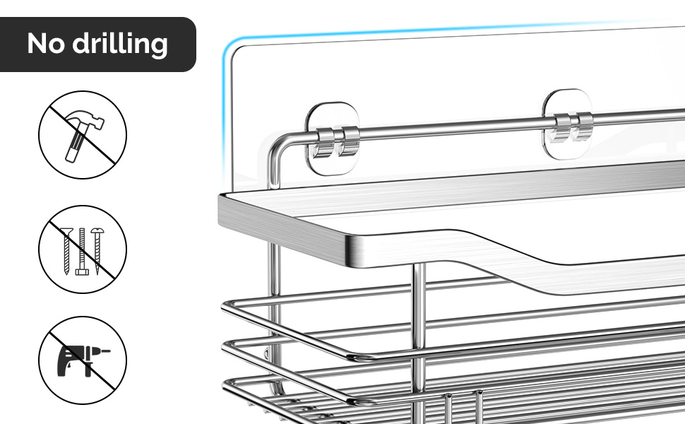 Поличка для душу Orimade без свердління з мильницею та 5 гачками - 3 шт. (срібло)