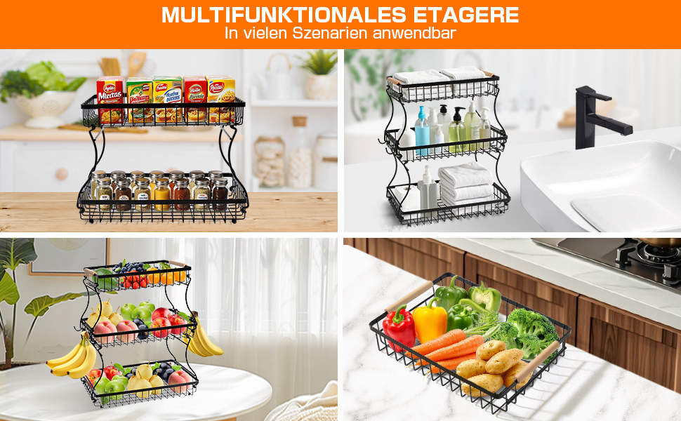 Металева фруктова корзина GMISUN з 3 ярусами та підставкою для бананів, чорна, сучасний дизайн. Підходить для зберігання фруктів, овочів та закусок. Велика місткість, 3 яруси.