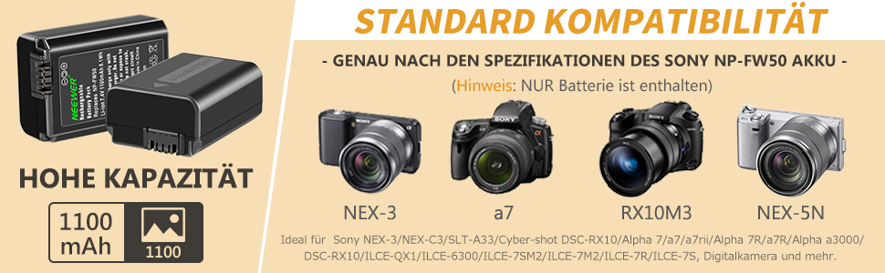 NEEWER NP-FW50: Запасний акумулятор та зарядний пристрій 2 в 1 для Sony ZV-E10, A7, A6000, RX10 (1100 mAh)