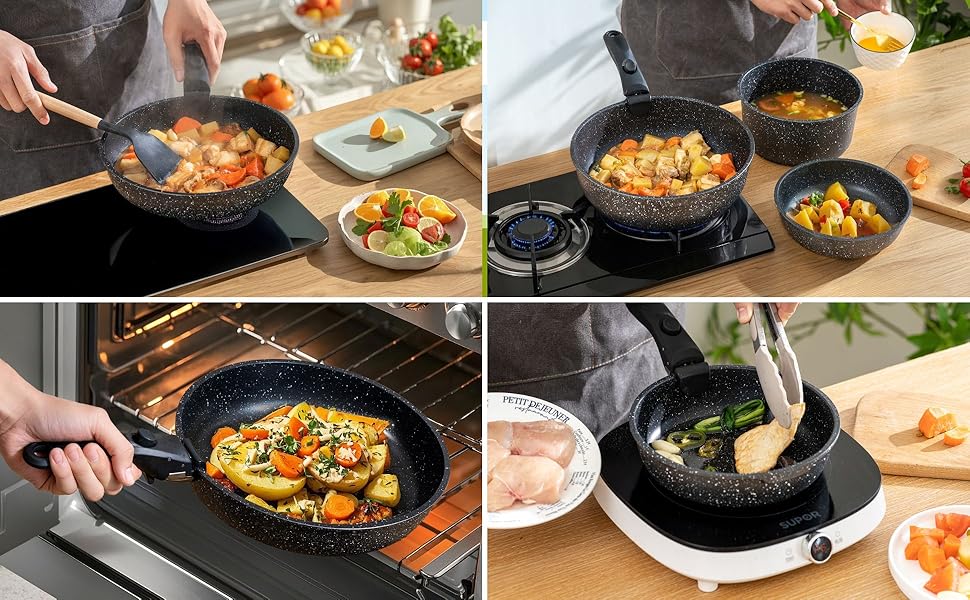 Набір посуду BOREINE 14 предметів: каструлі та сковороди з антипригарним гранітним покриттям (PFOA-free), знімні ручки, для всіх типів плит (індукція, склокераміка, газ, духовка), коричневий