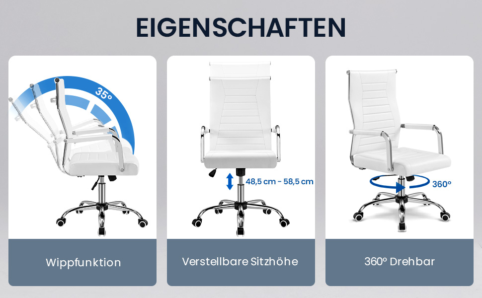 Офісне крісло Yaheetech з підлокітниками, офісний комп'ютерний крісло для начальника, стілець для роботи з високою спинкою, білий, до 136 кг