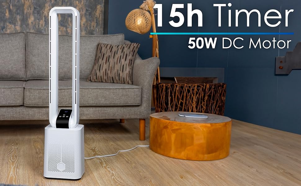 Тиха та потужна колонка-вентилятор Tower Fan з дистанційним керуванням, LED-дисплеєм, 3 режимами та таймером 15 годин (Granada White)