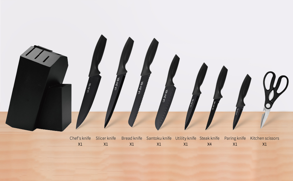 Набір ножів LIN ZHI REN 13 предметів з бруском, чорний. Кухонний набір ножів, ергономічні ручки, безпечний, для миття в посудомийній машині