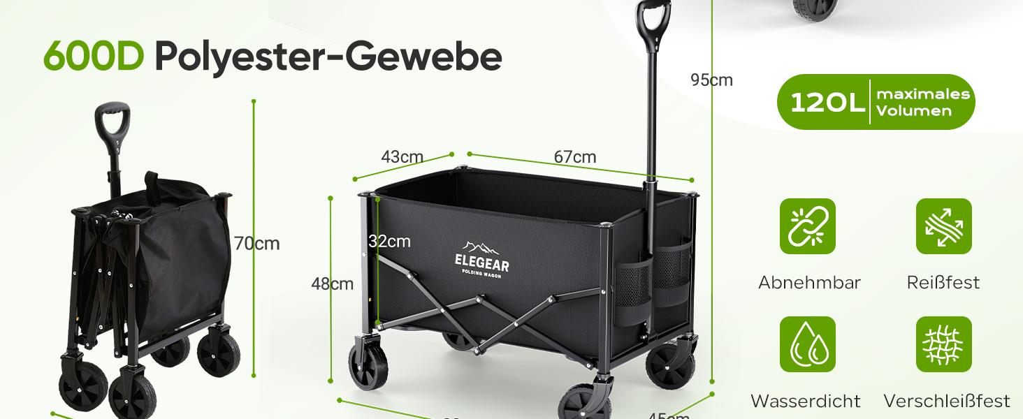 Візок-телега Elegear складний пляжний 120л, 150кг, з гальмами, 2 тримачі для напоїв, 2 бічні кишені, для саду, кемпінгу, чорний
