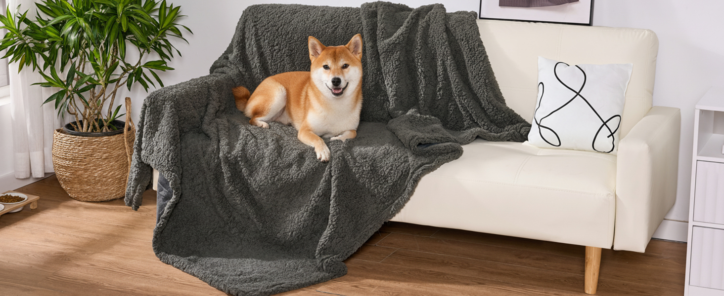 Водонепроникний коврик для собак, миючий, 120 x 100 см, двосторонній, для собак та котів середніх та великих порід, захист дивану та ліжка, м'який Sherpa Fleece та фланель, сірий L (120 x 100 см)