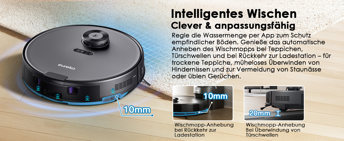 Робот-пилосос EUREKA E10s 2.Gen з вологою тканиною + станція самоочищення (4000Pa, автовизначення килима, підйом мопа, LiDAR-навігація, ідеально проти шерсті тварин, керування через додаток/голос) чорний