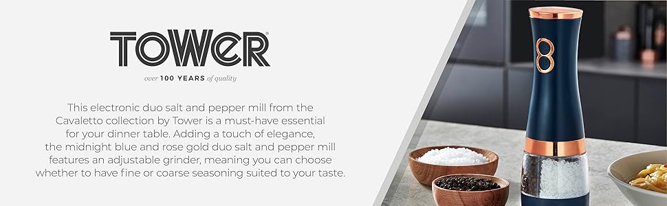 Електричні мельниці для солі та перцю Tower, працюють від батарейок, з регульованими керамічними жорнами, рожеві та рожево-золоті, T847004PNK (Темно-синій)