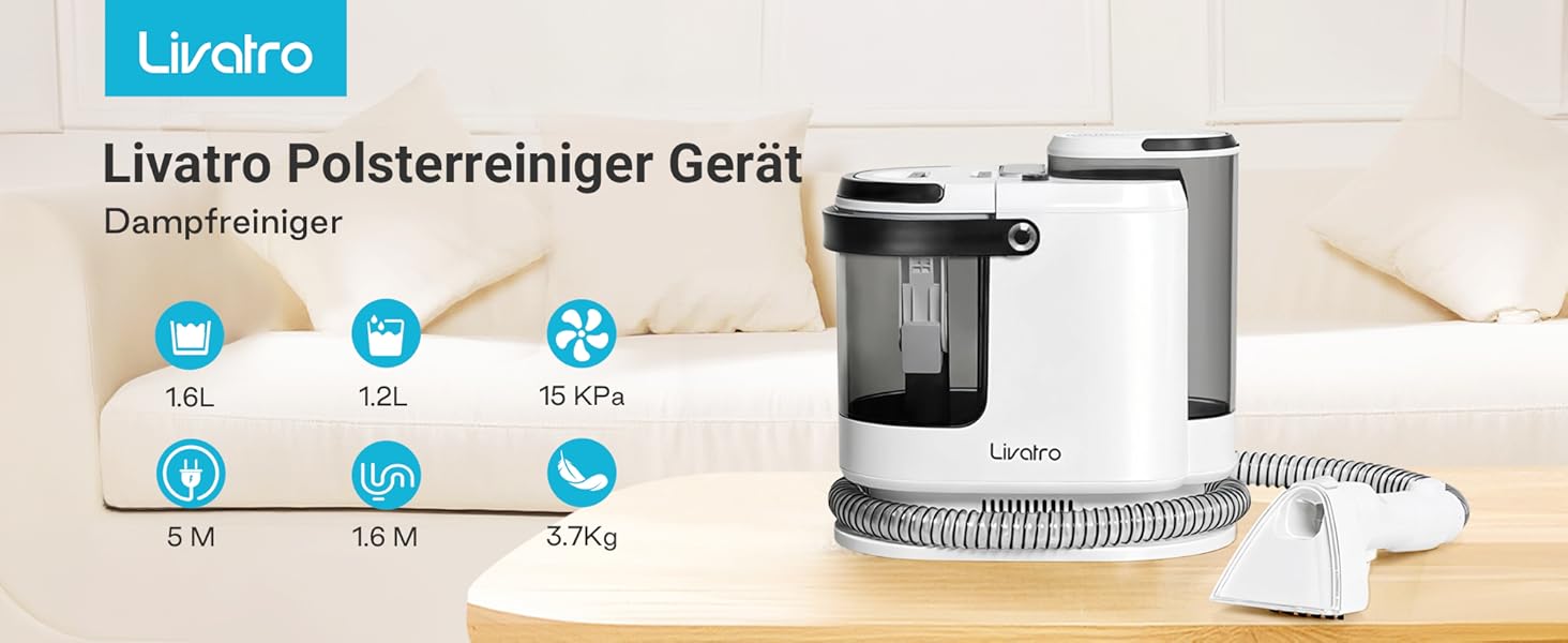 Апарат для чищення м'яких меблів та килимів: волого-пилосос 15 kPa, бак 1.6 л, компактний пароочисник, самоочищення, для дому та авто