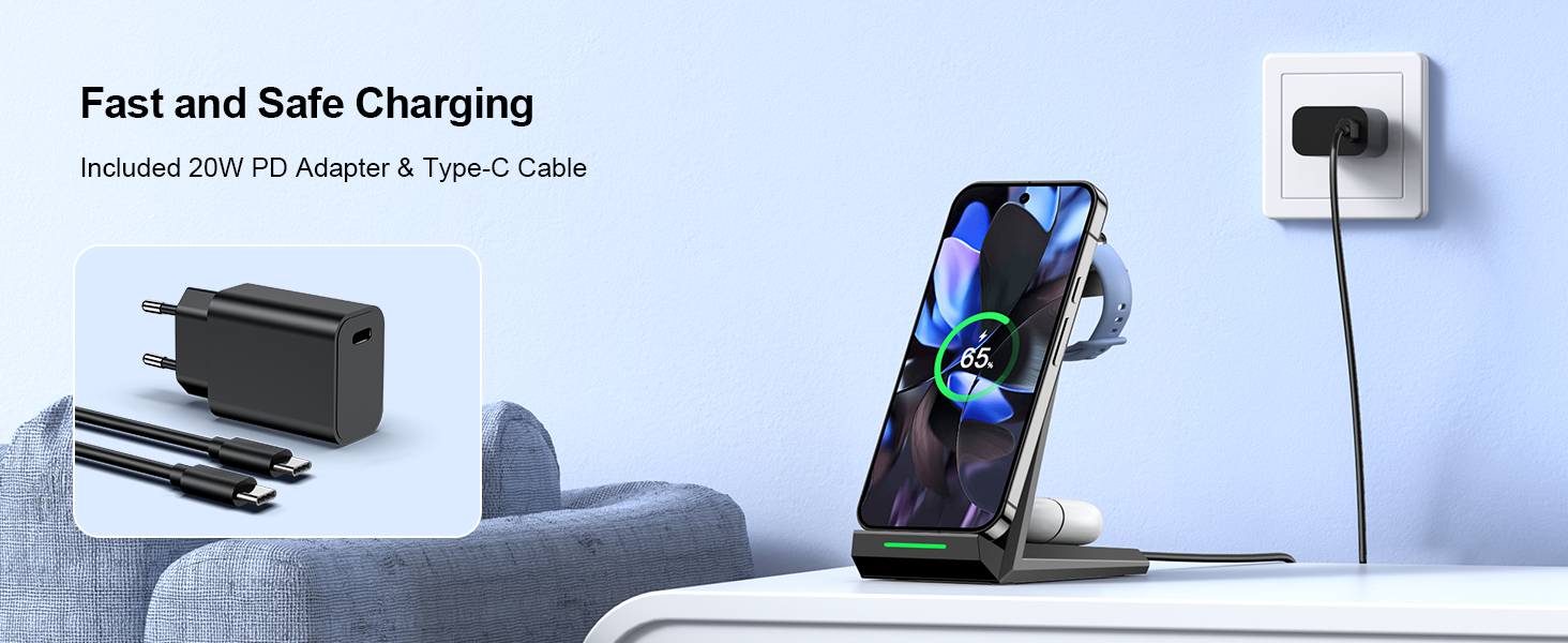 Бездротова зарядка NANAMI 3-в-1 для Google Pixel Watch 3/2, Fitbit Versa 4/3, Pixel 10 Pro/10/9/9a/8/7, Pixel Buds Pro 2 (Чорний)