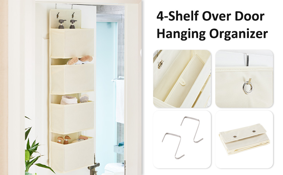 Органайзер для дверей Youdenova з 4 кишенями та 2 гачками, настінна підвісна полиця для зберігання, для ванної, спальні, дитячої кімнати (Бежевий)