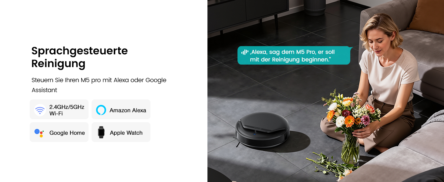 Робот-пилосос LEFANT M5 Pro-B з пультом дистанційного керування, 2200Pa, для шерсті тварин, з базою для зарядки, сумісний з Alexa та керуванням через APP, час роботи 120 хв