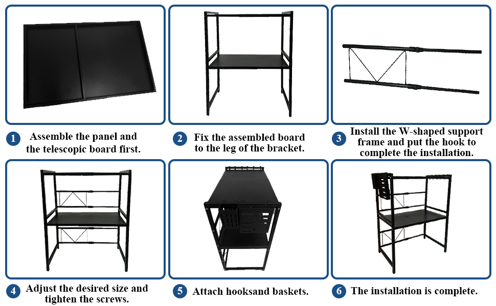 Регульована полиця для мікрохвильової печі, 3-рівнева розширювана стійка, органайзер для кухні з 6 гачками, з вуглецевої сталі, чорний