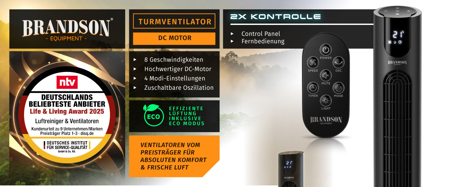 Вентилятор DC Brandson з пультом керування - тихий, 8 швидкостей, Sleep Mode, осциляція, 4 режими, дисплей, енергозберігаючий