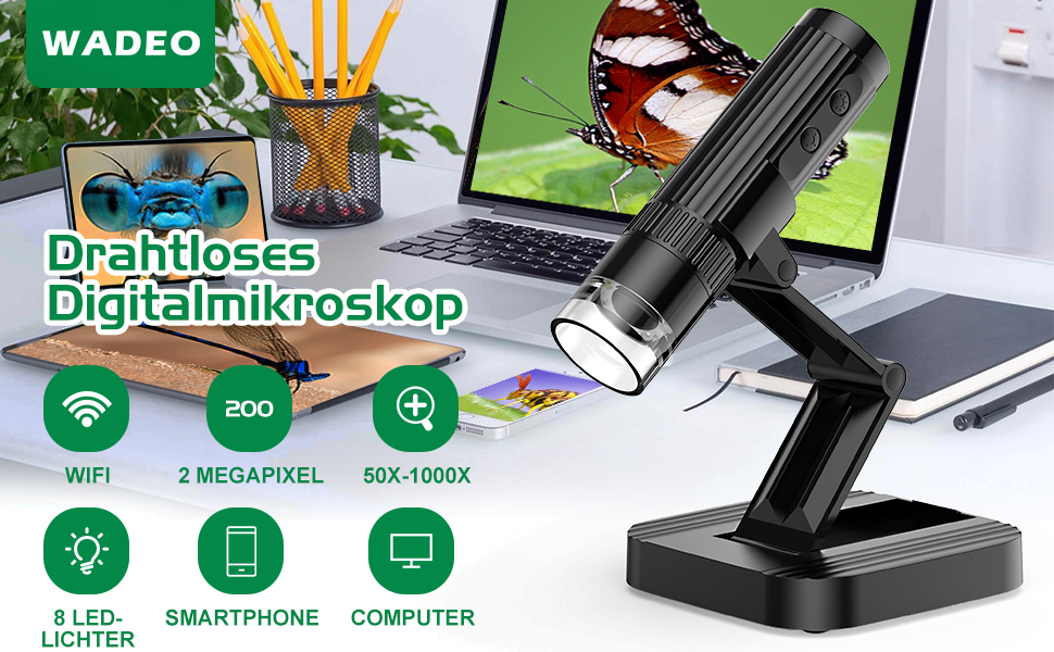 Цифровий мікроскоп WADEO USB HD з 50x-1600x збільшенням, портативна інспекційна камера, кабельне ручне збільшення з 8 LED та стійкою, сумісний з iOS, Android та планшетами (1080P)