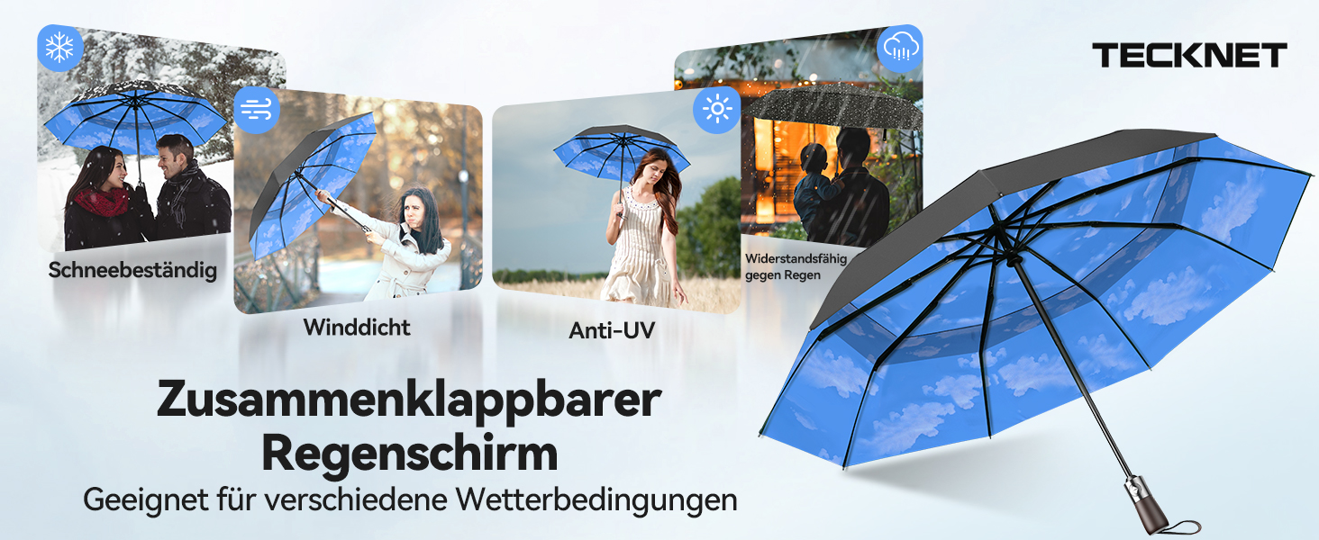 TECKNET Автоматичний парасолька-тростина, штормостійкий, легкий у відкриванні та закриванні, синій та білий