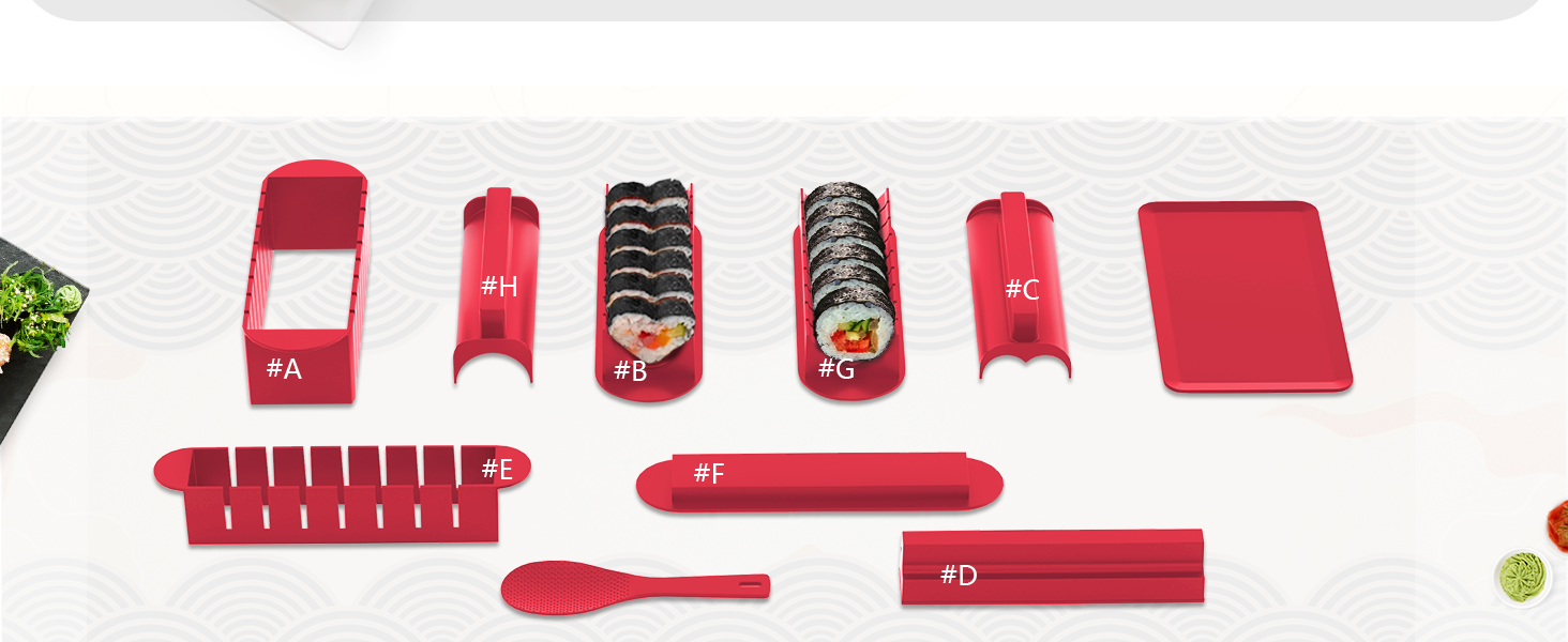 Набір для приготування суші, 20 предметів, для початківців, з формами для ролів, виделкою, ножем, килимком для ролу, палочками, повний комплект (Чорний) (Червоний+тарілка)