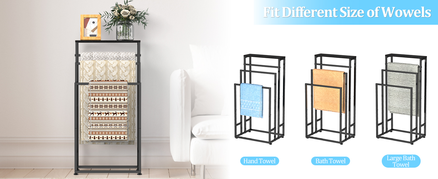 Підставка для рушників стояча, 3-ярусна з полицею з дерева, металева з регульованими ніжками, для ванної кімнати та спальні, 40x30x82 см, чорна