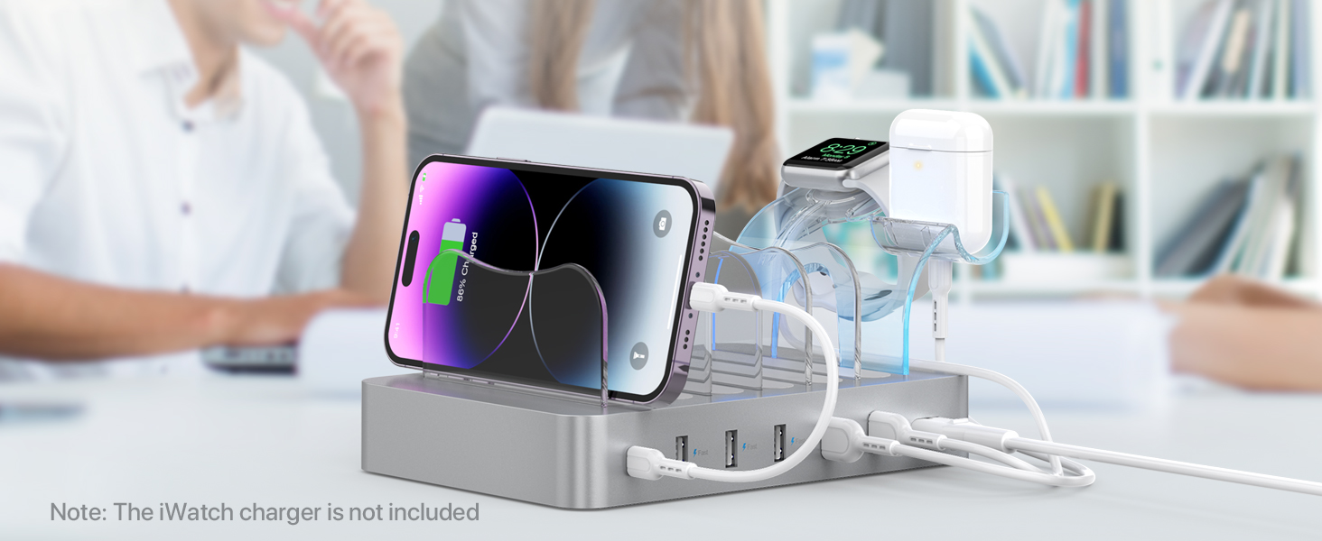 Зарядна станція SooPii USB 60W/12A з 6 портами, органайзер для декількох пристроїв з тримачем для Apple Watch, 6 кабелів в комплекті (срібло)