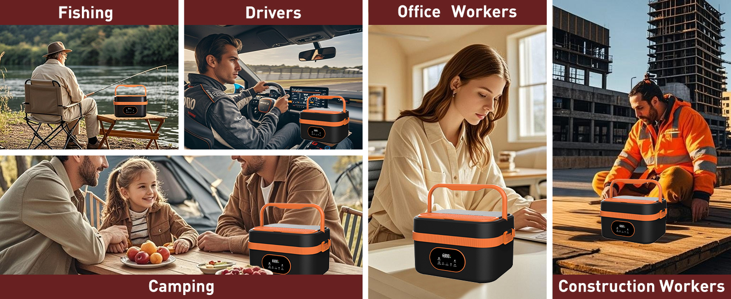 Електрична обідовниця з підігрівом 1.5L, перезаряджувана, портативна, для роботи, сім'ї, кемпінгу, офісу, подорожей, будівельних майданчиків, чорна з червоними акцентами