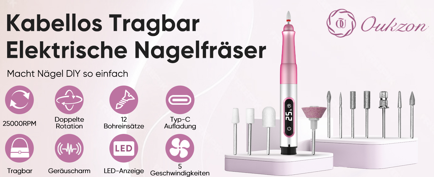Електричний фрезер для нігтів Nagelfräser Kabellos 13 в 1: 5 швидкостей, 25000 об/хв, USB, для гель-манікюру