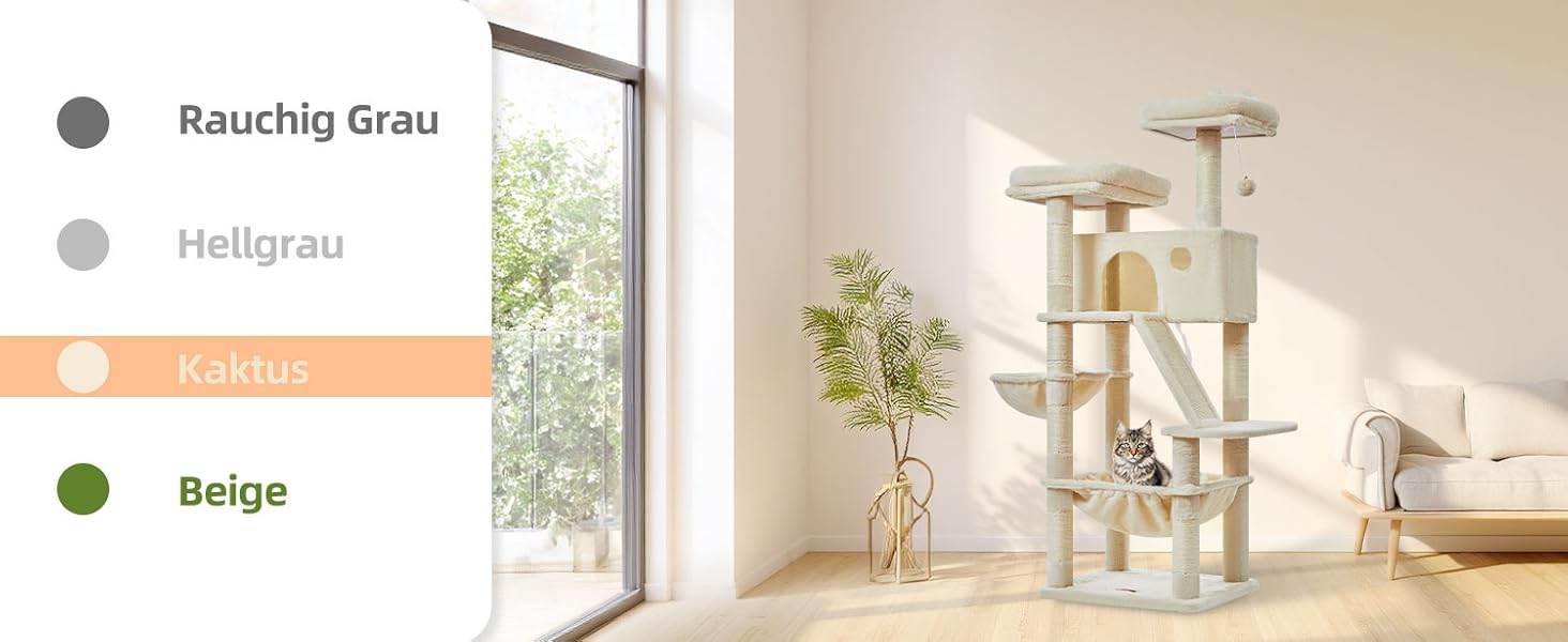 Кігтеточка для котів Taoqimiao MS026W 146 см - велика, стабільна, з 2 будиночками, гамаком, корзиною та 8 кігтеточками (світло-сірий)