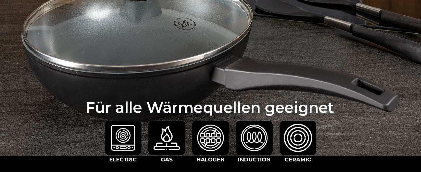 Набір сковорідок Be Living Delight 4 шт. (20/24/28 см + вок 28 см з кришкою), антипригарне покриття з кераміки, для індукційних плит, без PTFE та PFOA, чорний